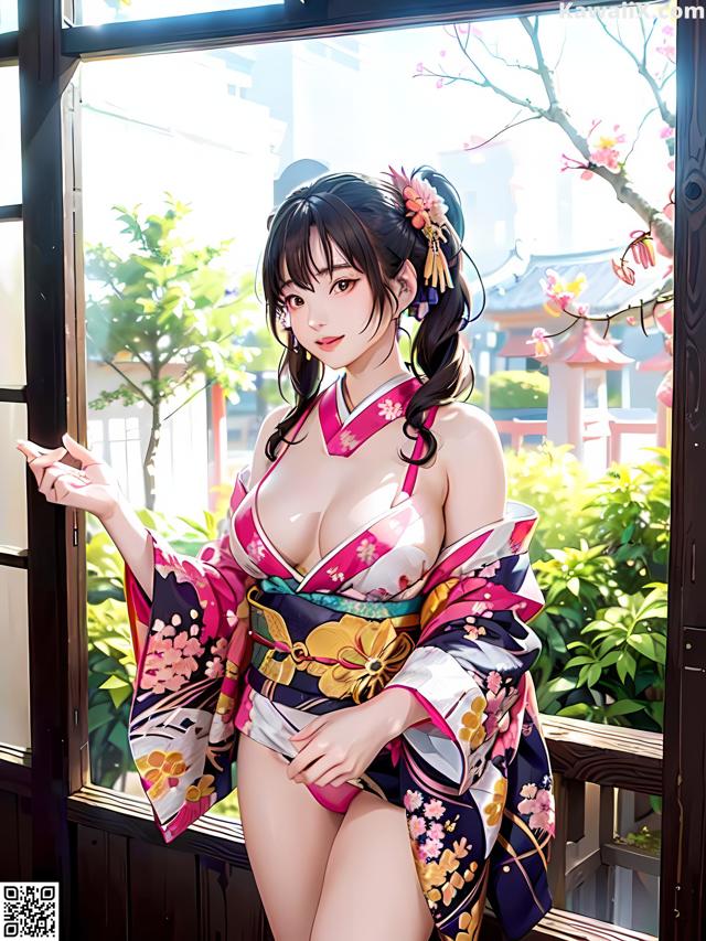 A woman in a kimono standing by a window.