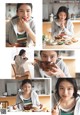 A collage of photos of a woman eating food with chopsticks.