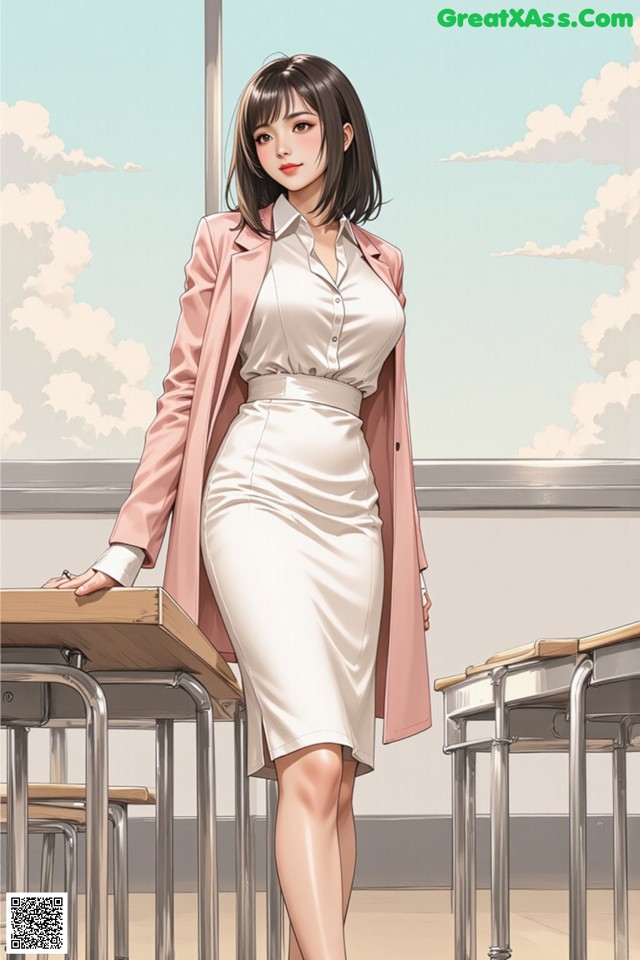 A woman in a white dress and pink coat standing in front of a classroom.