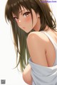 Anime girl with long brown hair wearing a white tank top.