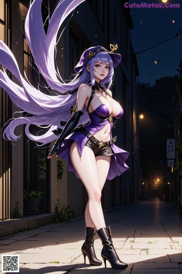 A woman in a purple outfit is walking down the street.
