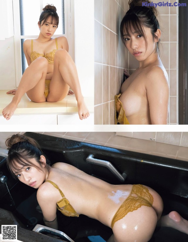 A woman in a yellow lingerie sitting in a bathtub.
