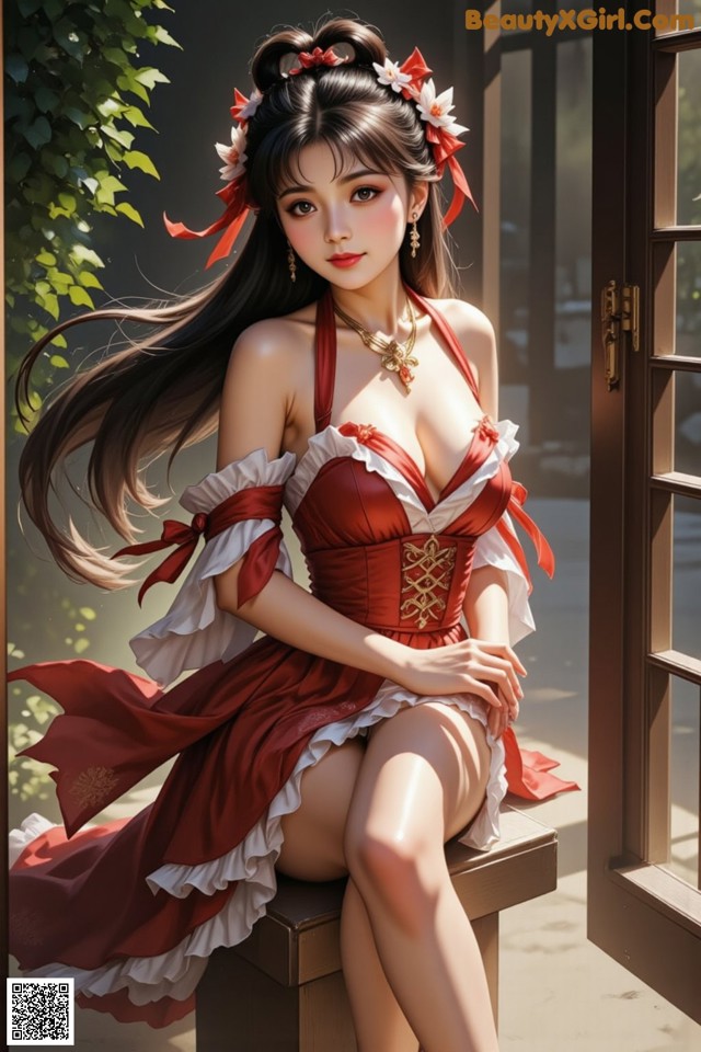 A woman in a red and white dress sitting on a bench.