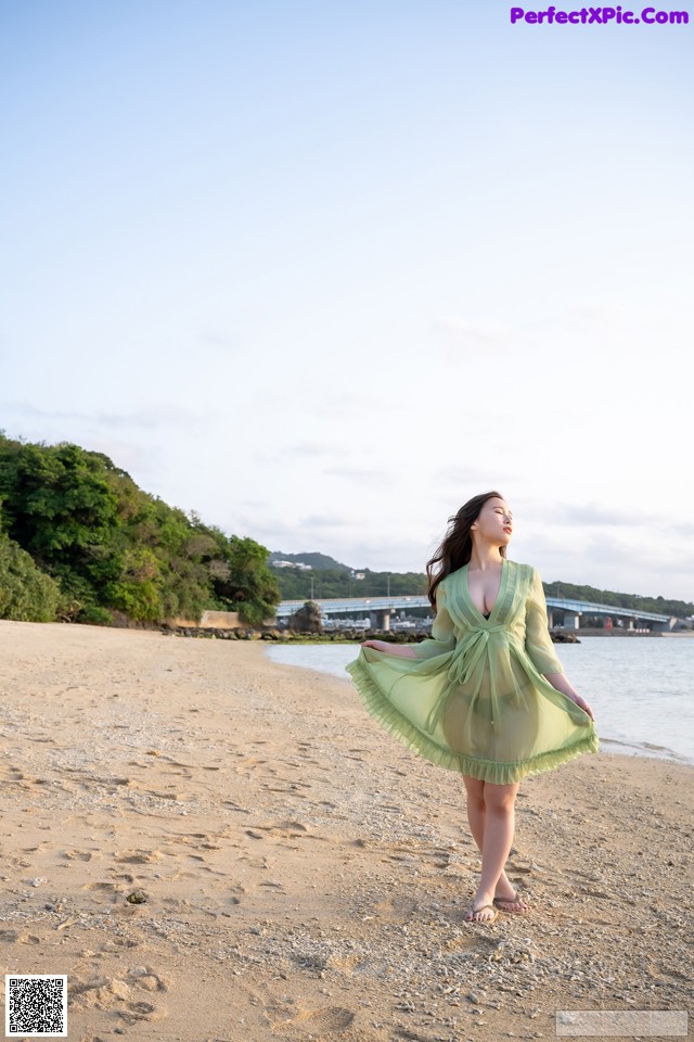 A woman in a green dress standing on a beach.