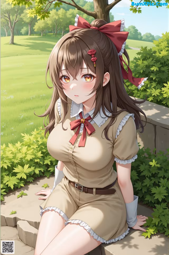 A girl in a school uniform sitting on a stone wall.